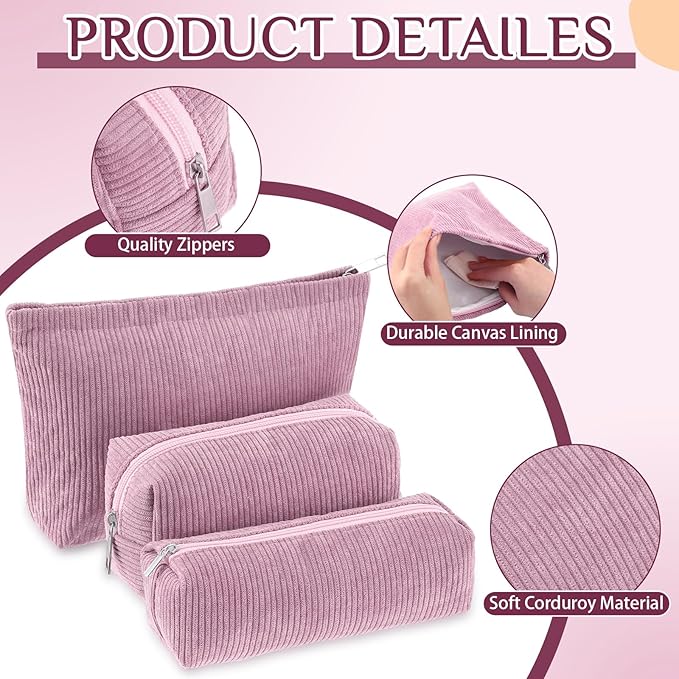 Huhumy 3 Pcs Makeup Bag Set for Women Corduroy Cosmetic Pouch Aesthetic Smile Travel Toiletry Bag Cute Purse Pouch Pencil Case Makeup Brushes Storage Organizer with Zipper(Rose Pink,Solid Style)