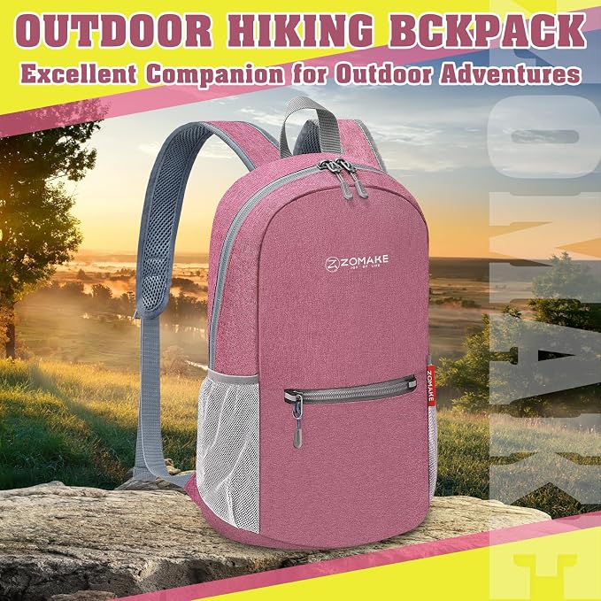 ZOMAKE Lightweight Packable Backpack, 10L Small Foldable Daypack for Hiking | Water Resistant Collapsible Backpacks for Women Men, Everyday Carry, Multi Compartment Storage, Adjustable Strap(Pink A5)