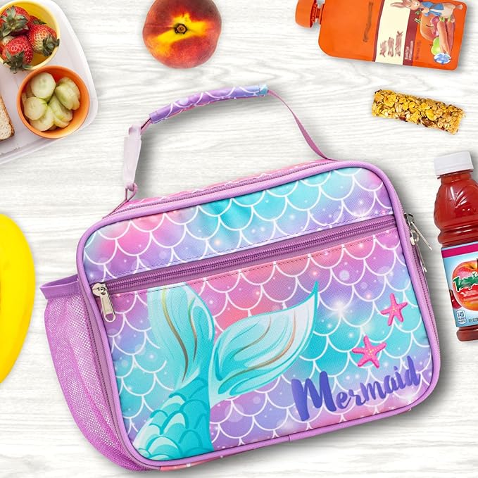 Bagseri Kids Lunch Bag Girls - Thermal Insulated Lunch Box Tote with Water Bottle Holder, Reusable Leak-Proof Kids Lunch Box for Daycare & School, Purple Mermaid Tail (Containers Not Included)