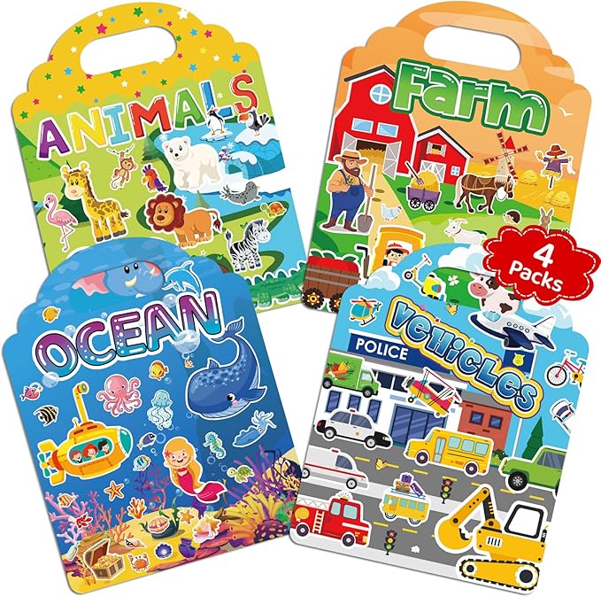 Jelly Sticker Books for Toddlers 2-4 Years, 4 Sets Reusable Sticker Books for Toddlers 1-3, Travel Toys Stickers Activity Book for Ages 2 3 4 5 6 Boy Girl Birthday Gifts (4Sets-Collection 1)