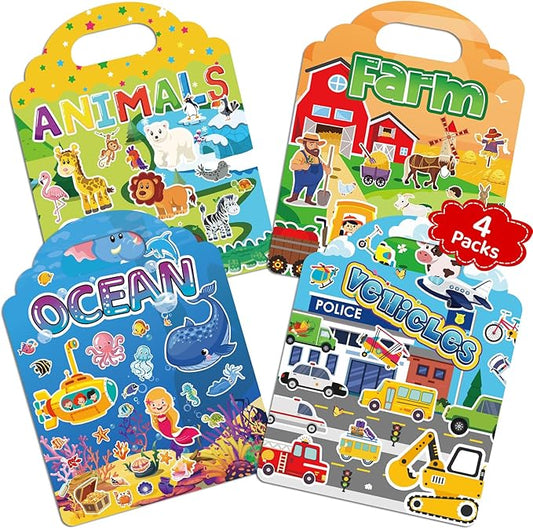 Jelly Sticker Books for Toddlers 2-4 Years, 4 Sets Reusable Sticker Books for Toddlers 1-3, Travel Toys Stickers Activity Book for Ages 2 3 4 5 6 Boy Girl Birthday Gifts (4Sets-Collection 1)