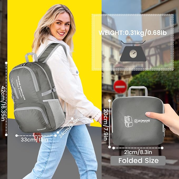 ZOMAKE Lightweight Packable Backpack, Water Resistant Foldable Daypack 35L | Light Hiking Backpacks Collapsible Day Pack for Travel, Everyday Carry, Multi Compartment Storage, Adjustable Strap (Dimgray)