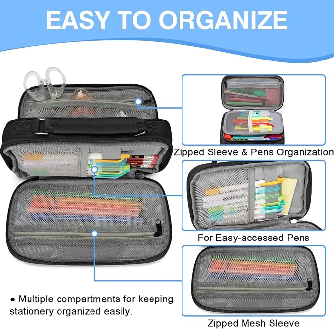 VASCHY Pencil Case, Large Pencil Pouch with Compartments for Middle School,Work,Office Pen Organizer Holder School Supply Black
