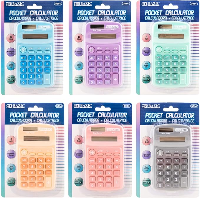 BAZIC Products 8 Digit Pocket Size Calculator, Dual Power Solar & Battery, LCD Display, Small Basic Standard Function Calculators, Assorted Pastel Colors, 144-Pack