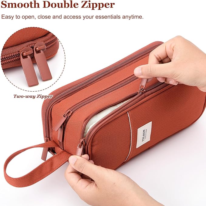 Pencil Case Pouch, Large Capacity Pencil Box Bag, Aesthetic Pen Organizer for School Supplies, Cute Preppy Stuff for Girls Boys Kids, Back to College Stationery, Rust Red