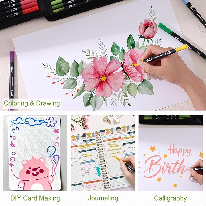 nauets 60 Colors Brush & Fine Dual Tip Watercolor Markers for Adult Coloring Books No Bleeding Professional Paint Pens For Drawing Note taking Planner Calligraphy Journaling Card Making Art Supplies