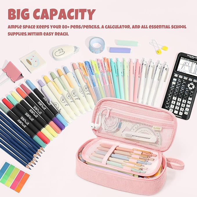 SUNEE Cute Pencil Case, Large Capacity Pencil Pouch Aesthetic Zipper Pencil Bag, Big Storage Pen Organizer for Stationery, Soft Corduroy Pencil Box Back to School Supplies for Teen Girls Boys, Pink