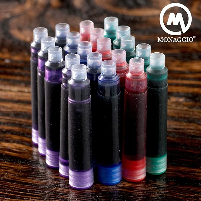 MONAGGIO Extra Ink Cartridges for Most Fountain Pens: 20 Refill Cartridges (5 Red, 5 Green, 5 Blue, 5 Purple) - Calligraphy, Fountain Style, Fine Point, Non-Toxic