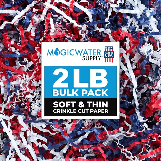 MagicWater Supply Soft & Thin Crinkle Cut Paper - 2 LB - Red White Blue - Paper Shred Filler for Gift Wrapping, Basket Filling, Birthdays, Weddings, Anniversaries, Valentines Day, and other occasions
