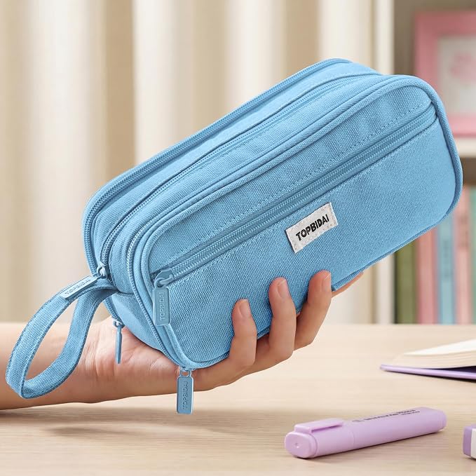 TOPBIDAI Large Pencil Case Pouch for Girls Boy Women Men Adults | Big Capacity Canvas Pencil Bag, Office School Supplies, Multi Compartment Zipper Stationery Pen Box (Sky Blue)