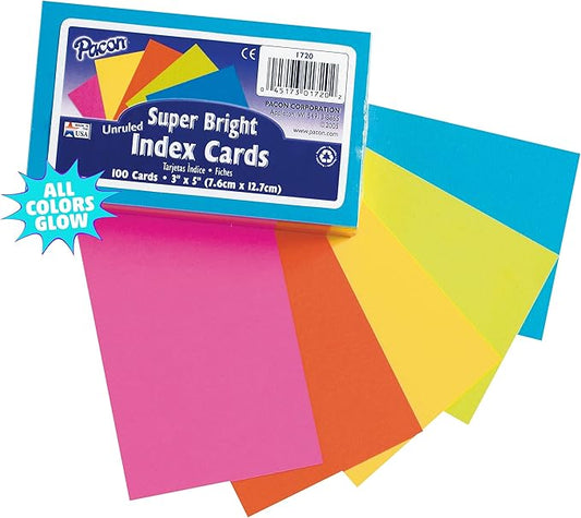 Pacon® PAC1720 Index Cards, 3" x 5", Unruled, 5 Bright Colors, Pack of 100