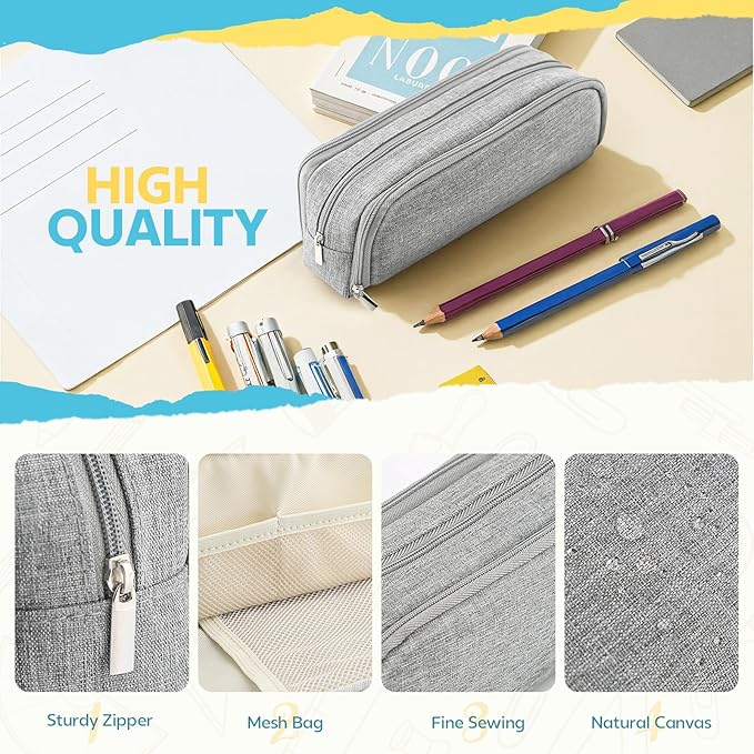 Large Capacity Pencil Case Pencil Pouch Pen Bag with 3 Compartment Stationery Organizer with Zipper, School Supplies Organizer for Teen Adults (Grey)