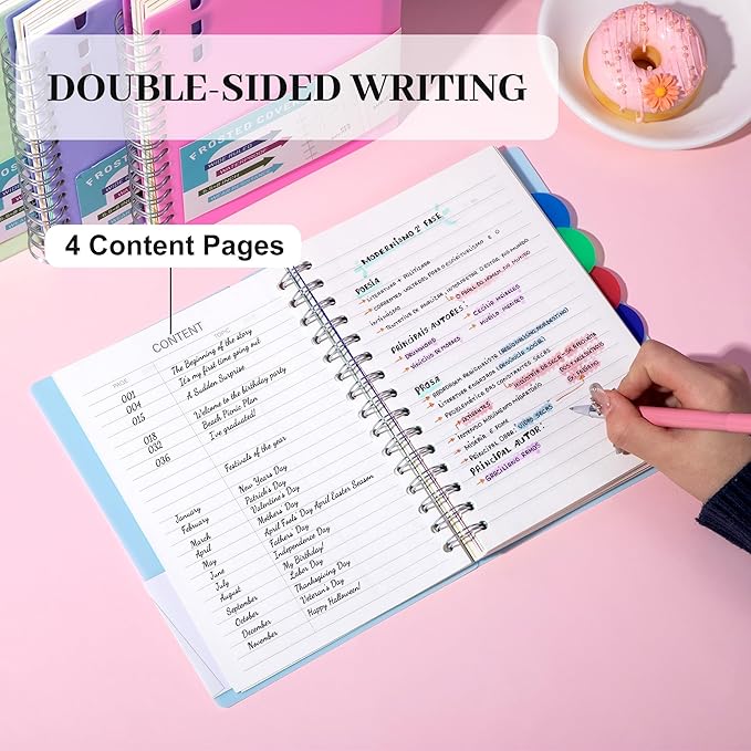 FLYING EAGLE 2 Pcs 5 Subject Notebook Wide Ruled, Small Spiral Notebook 5x7 for Work, 408 Pages Lined Journal with Removable Dividers, Small Notebooks for Work,Pink