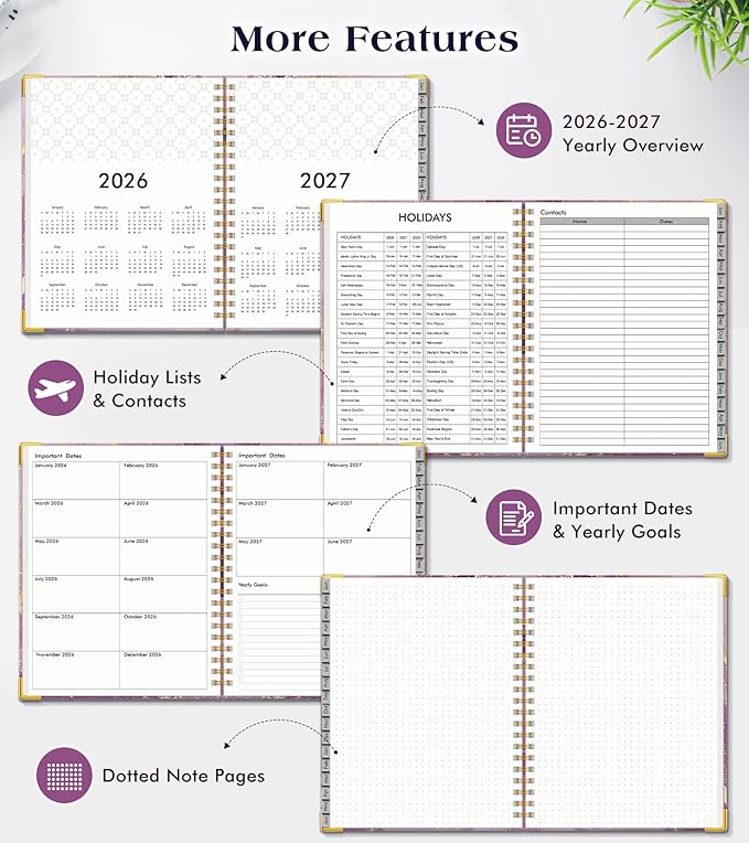 Planner 2026-2027, 18 Months Weekly and Monthly Hardcover Planner, January 2026 - June 2027, 8.5" x 11" A4 Large Daily Calendar Planner Book with Tabs, Spiral Yearly Agenda Organizer Notebook for School Work Home, Purple Marble