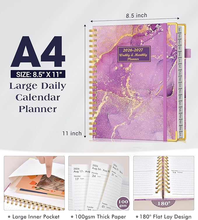 Planner 2026-2027, 18 Months Weekly and Monthly Hardcover Planner, January 2026 - June 2027, 8.5" x 11" A4 Large Daily Calendar Planner Book with Tabs, Spiral Yearly Agenda Organizer Notebook for School Work Home, Purple Marble
