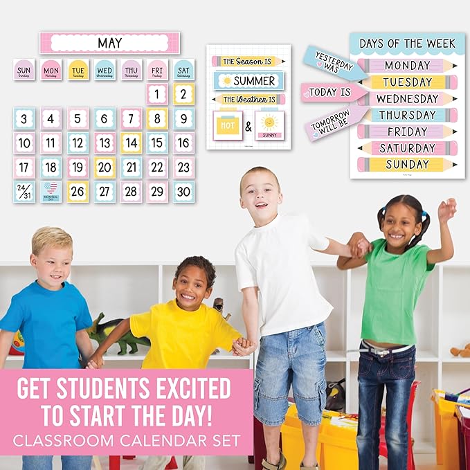 Classroom Calendar Set Bulletin Board Decor – 98 pcs School Calendar for Classroom Elementary & Preschool, Bulletin Board Decorations with Weather Chart & Seasons, Pastel Teacher Must Haves