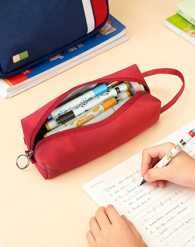 Fmeida Pencil Case Pouch - Water Resistant Pencil Pouch Portable Pencil Bag Simple Office Stationery Pouch with Handle Christmas Gifts - Red