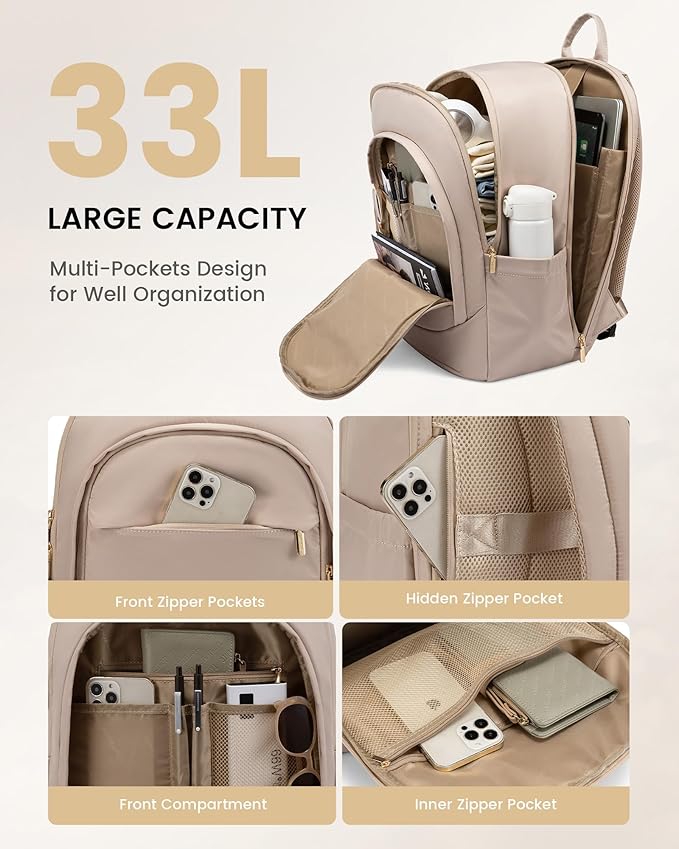 LOVEVOOK 17.3 Inch Laptop Backpack for Women - Work/Business Computer Backpack Purse, Large Capacity Casual Daypack, Travel Bag for Lawyer, Doctor, Teacher, Warm Beige