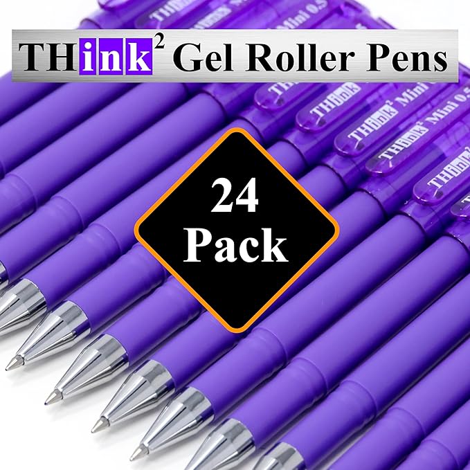 THINK2MASTER [24 Pens - Purple Ink Think2 0.5mm Pocketable Gel Pens. (24 Purple) Fine Point Rollerball Pens with Smooth Quick Drying Ink.