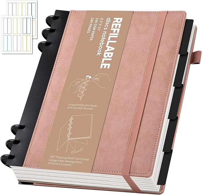 Yoment Refillable Notebooks for Work 5 Subject with Removable Dividers Tabs 240 Pages Hardcover Leather Journals for Writing Large Discbound Planner Colleged Ruled Paper for Women Men 8.58 x 11,Pink
