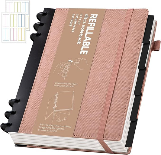 Yoment Refillable Notebooks for Work 5 Subject with Removable Dividers Tabs 240 Pages Hardcover Leather Journals for Writing Large Discbound Planner Colleged Ruled Paper for Women Men 8.58 x 11,Pink