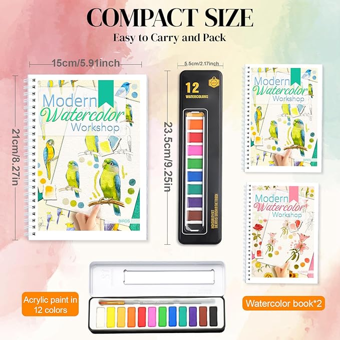 2-Pack Beginner Watercolor Workbooks: 24 Coloring Pages + 12 Watercolor Paints + Brush – 300gsm/140lb Paper – Gift for Women, Adults & Beginners (Birds & Flower)