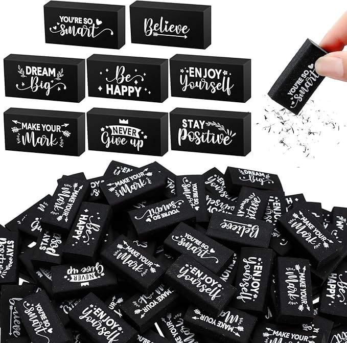 Dunzoom 100 Pcs End of Year Inspirational Pencil Erasers Bulk for Kids Back to School Fun Motivational Eraser School Office Supplies for Students Classroom Office Teacher Artists(Classic)