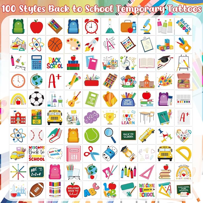 Ceiba Tree 100pcs Back to School Temporary Tattoos Pre-Cut Classroom Supplies Assorted Welcome Back To School Tattoos Party Favors
