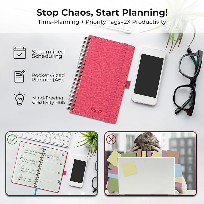 Planner 2026-2027 Daily Weekly and Monthly,6.5"x3.75",18 Months Spiral Bound Calendar Agenda with Self-adhesive Pen Holder,2026 Academic Plan with Vegan Leather Soft Cover,Rose Red
