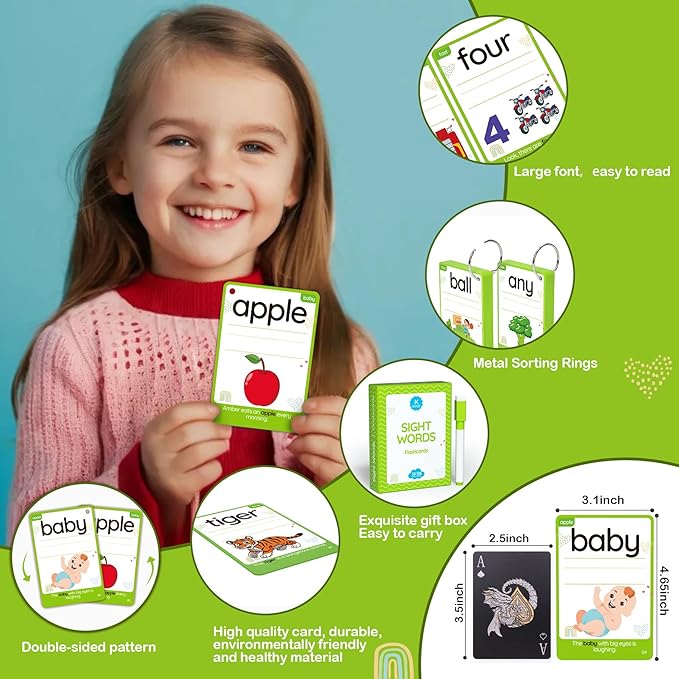 WJPC 55 Cards, 106 PCS High Frequency Sight Words Flash Cards (Kindergarten), Toddler Flash Cards for Kids Ages 4,5,6,7 Years. Learn to Read, Write, Sentence-Making