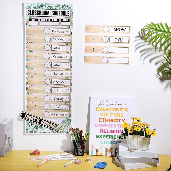 MotiMind Daily Schedule Pocket Chart for Classroom, Calendar Pocket Chart 13+1 Pockets, 21 Reusable Cards for Classroom School 13" x 36" (Rustic Color,Farmhouse)
