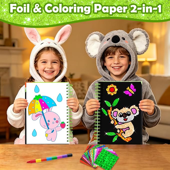 FUNNYB&G Foil Art Craft Kit for Kids 4-10 Years Old: Mess-Free & No-Glue, Create 16 Sparkly Animal World Pictures – Perfect Travel Toy & Birthday Gift for Kids (Animal World)