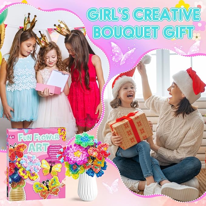 MUNDIDO Poke in Fun Art Flower Bouquet, Mess Free Paper Craft Kits for Kids, DIY Creative Activity Gifts for 6 7 8 9 10 Year Old Girls, Birthday Gifts for Girls Boys Age 5-12