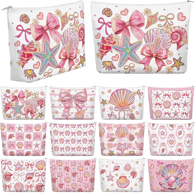 Reginary 12 Pcs Pink Bow Makeup Bags Coquette Scalloped Cosmetic Bags with Zippers Coquette Party Favors Pink Aesthetic Pouch Bulk Gifts for Women Stuff Summer Beach Birthday Supplies Travel Accessory