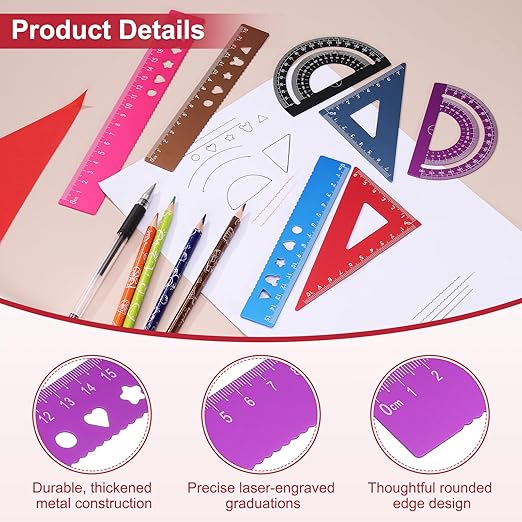 PATIKIL 8 Pcs Geometry Drafting Tool, Aluminum Alloy Geometry Kit Math Tool Includes 15cm L Ruler Protractor Triangles for Drafting Angle Measure Simple Science Experiment, Purple