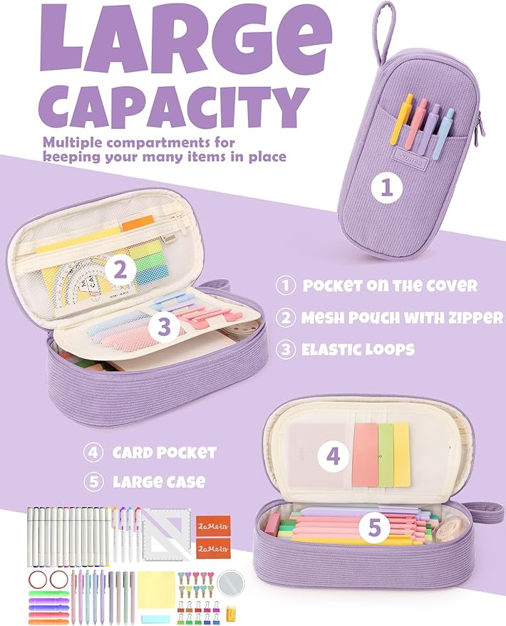 SUNEE Cute Pencil Case, Large Pencil Pouch, Soft Corduroy Fabric Big Pencil Bag with Zipper, Kawaii Pen Bag Stationery Storage and Organizer, School Supplies for Teen, Student, Boys,Girls, Soft Purple