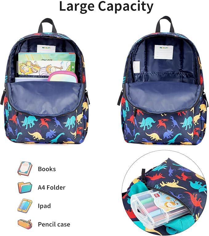 KK CRAFTS Preschool Backpack Kindergarten Little Kids Toddler Elementary School Backpacks for Boys and Girls with Chest Strap(15Inch, Dark Blue Dinosaur)