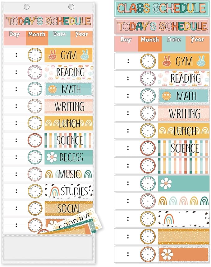 JarThenaAMCS Boho Daily Schedule Pocket Chart 13 x 35.5 In Rainbow Flower Smile 13 + 1 Pocket Visual Schedule Chart Board with 24 Card for Classroom Home Office Supplies