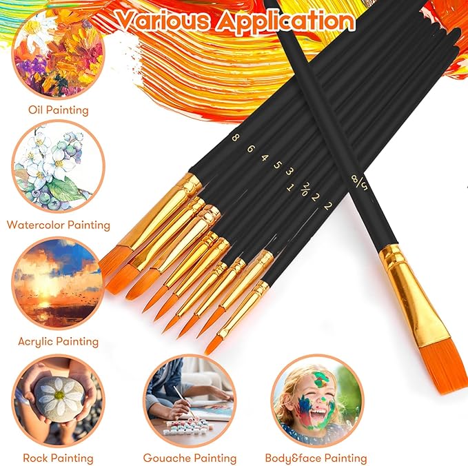 Soucolor Acrylic Paint Brushes Set, 120Pcs Round Pointed Tip Artist Paintbrushes for Acrylic Painting Oil Watercolor Canvas Boards Rock Body Face Nail Art, Halloween Pumpkin Ceramic Crafts Supplies