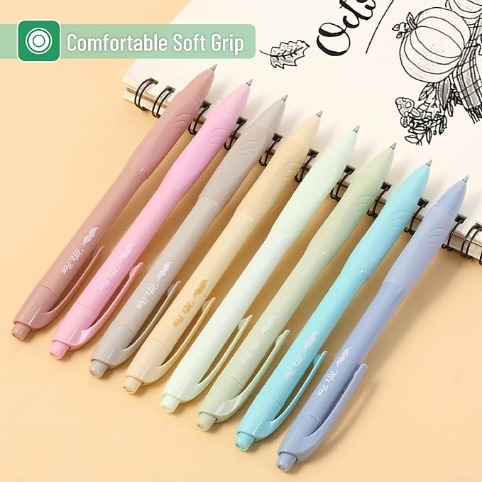 Mr. Pen- Retractable Gel Pens, 8 Pack, Black Ink, Soft Grip | Soft Pastel Barrels, Fine Point 0.5mm, Fast Dry, Smooth Writing, Cute Pens for Drawing, Writing Planner and School Supplies