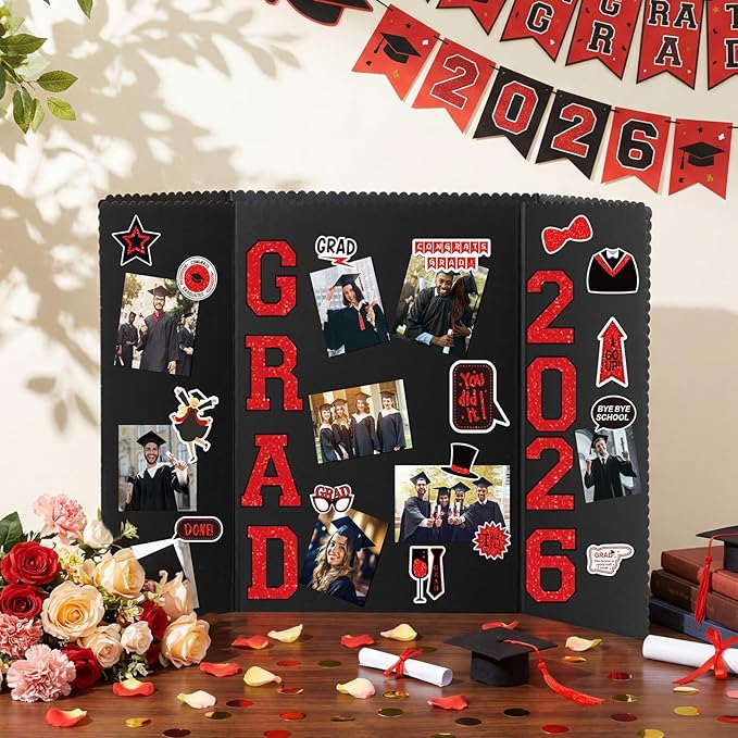 MiniInflat 4 Set 2026 Graduation Picture Trifold Poster Board Double-Sided Foldable Photo Display Board Graduation Decoration for Class of 2026 High School College DIY Craft(Red,24 x 16 Inches)