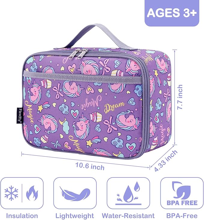 FlowFly Kids Lunch box Insulated Soft Bag Mini Cooler Back to School Thermal Meal Tote Kit for Girls, Boys, Purple Unicorn