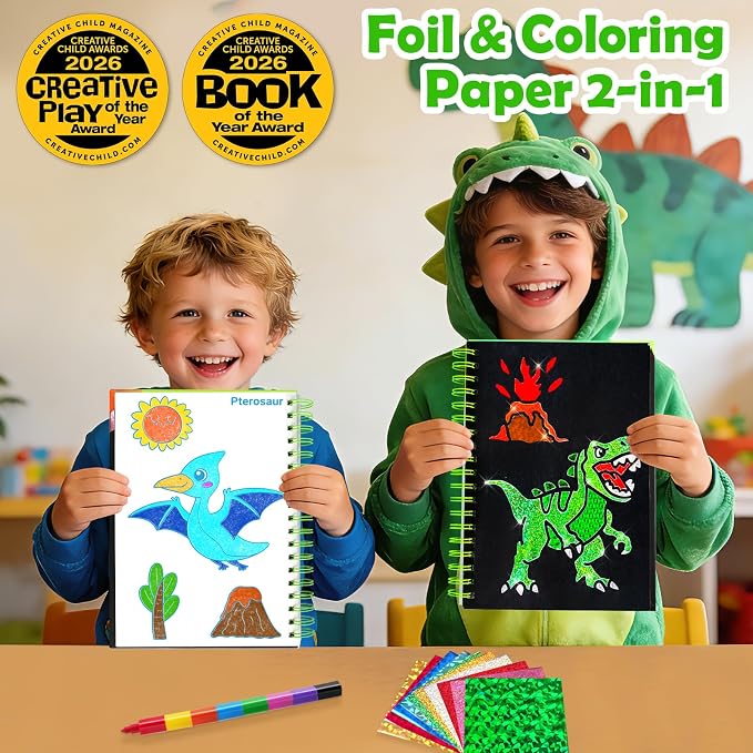FUNNYB&G Foil Art Craft Kit for Boys 4-10 Years Old: Mess-Free & No-Glue, Create 16 Sparkly Dinosaur World Pictures – Perfect Travel Toy & Birthday Gift for Kids (Dinosaur World)