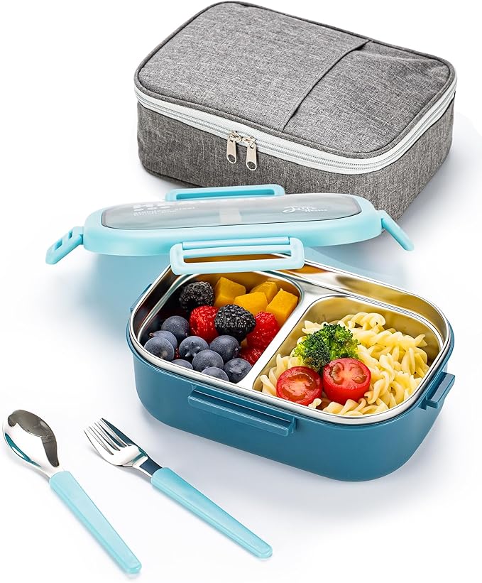 Lille Home 28oz Stainless Steel Leakproof 2-Compartment Bento Lunch Box/Portion Control Food Container with Lunch Bag and Cutlery Set, BPA Free (Light Blue)