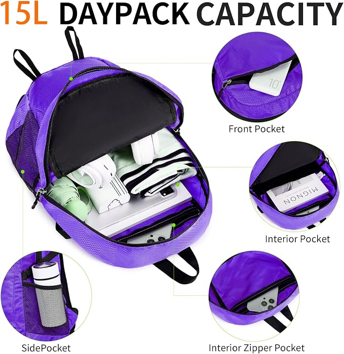Small Hiking Backpack 15L Travel Lightweight Hiking Packable Daypack Water-Resistant Foldable Backpacks for Women Men Camping (Purple)