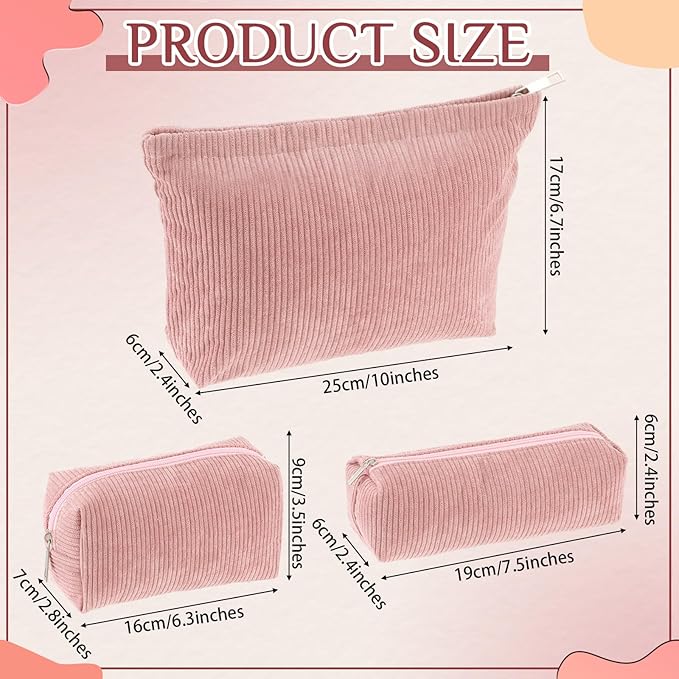 Huhumy 3 Pcs Makeup Bag Set for Women Corduroy Cosmetic Pouch Aesthetic Smile Travel Toiletry Bag Cute Purse Pouch Pencil Case Makeup Brushes Storage Organizer with Zipper(Pink,Solid Style)