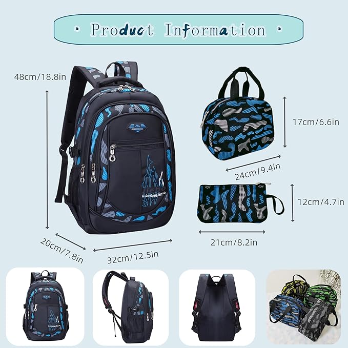Bansusu 3Pcs Boys Backpack for Kids School Bag with Lunch Bag, Primary Middle School Backpack for Boys Bookbags