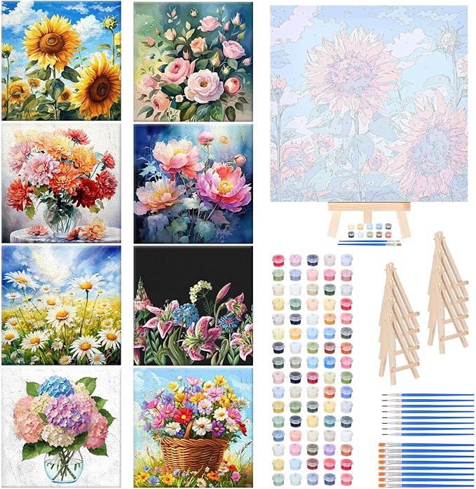 RoundFunny 8 Set Paint by Numbers Kit for Adults with 8x8 Inch Mini Simple Painting Canvas Wooden Frame Easel Acrylic Paints Brushes Funny Numbers Drawing Kit for Gift Home Wall Decor(Vibrant Blooms)
