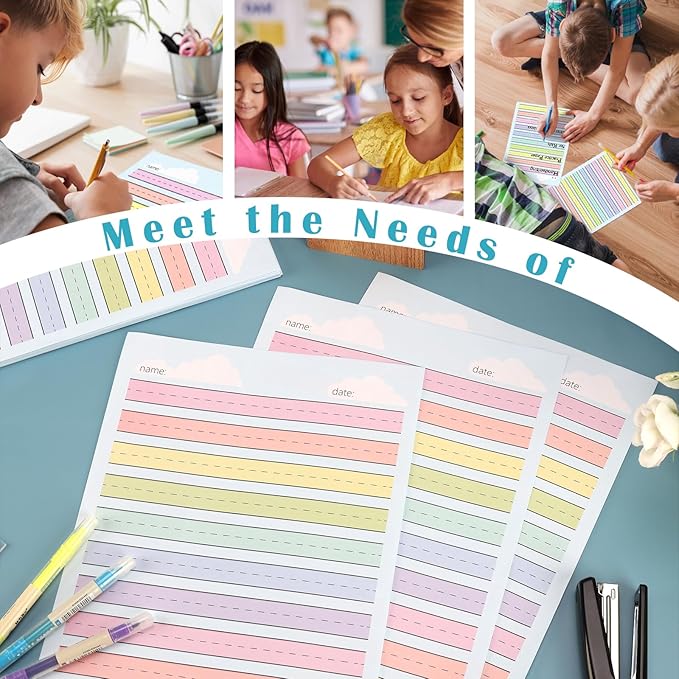 100 Sheets Multi-Color Raised Line Paper for Handwriting Practice, Wide Ruled Kindergarten Writing Paper, Double Sided, 8.5x11 inches, Educational Style