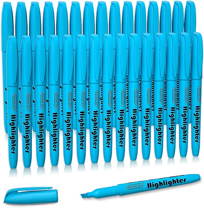 Shuttle Art Highlighters, 30 Pack Blue HighlighterPens Bright Colors, Chisel Tip Dry-Quickly Non-Toxic Highlighter Markers for Adults Teachers Students Highlighting in the Home School Office